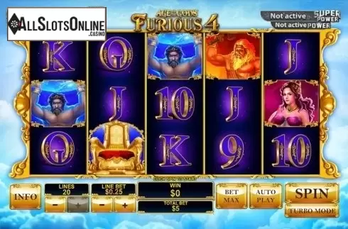 Game Workflow screen. Age of the Gods: Furious Four from Playtech
