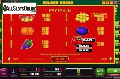 Paytable. Golden Bucks from Belatra Games