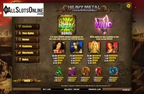 Paytable 1. Heavy Metal Warriors from iSoftBet