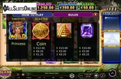 Paytable. Island Princess Quad Shot from Ainsworth
