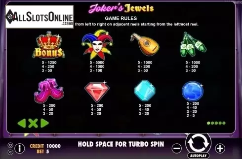 Paytable. Joker's Jewels from Pragmatic Play