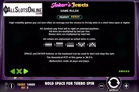 Paytable 2. Joker's Jewels from Pragmatic Play