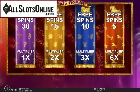 Free spins screen 1. Lady Godiva (Pragmatic) from Pragmatic Play
