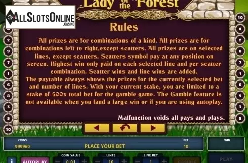 Paytable 3. Lady of the Forest from Zeus Play