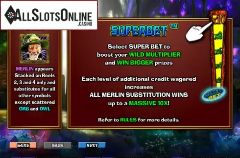 Paytable 1. Merlin's Millions Superbet from NextGen