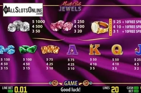Paytable 1. Monte Carlo Jewels HD from World Match
