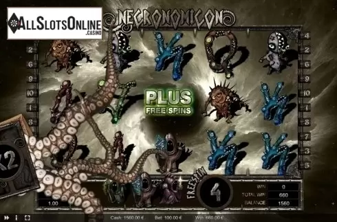 Free Spins screen. Necronomicon from Thunderspin