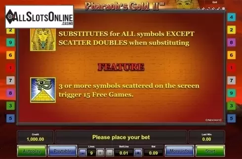 Paytable 2. Pharaoh's Gold II from Novomatic