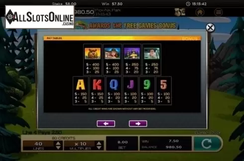 Paytable. Pick-Nik Park from High 5 Games
