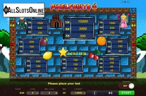 Paytable. Pixel Fruits 2D from Five Men Games