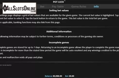 Paytable 4. Pot Luck Pull Tab from Realistic