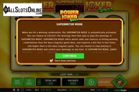 Supermeter Mode screen. Power Joker 5 Reels (Classic Joker) from StakeLogic