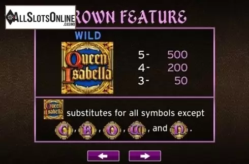 Paytable 1. Queen Isabella from High 5 Games