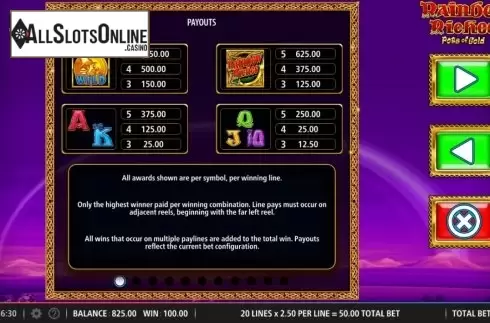 Paytable. Rainbow Riches Pots of Gold from Barcrest