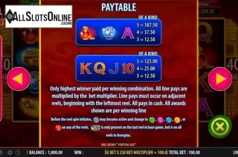 Paytable 2. Reel Riches Fortune Age from WMS