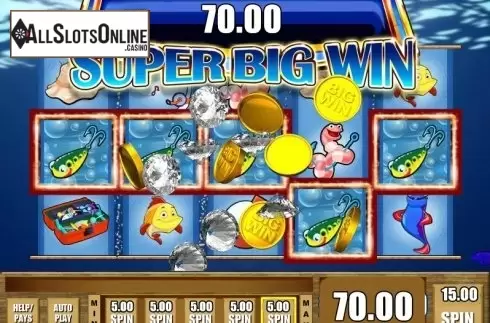 Super Big Win screen. Reel 'em In! Big Bass Bucks from WMS