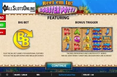 Intro Game screen. Reel 'em In Lobster Potty from Barcrest