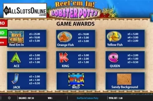 Paytable 1. Reel 'em In Lobster Potty from Barcrest