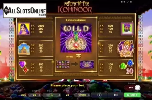Paytable. Return of the Kohinoor from Five Men Games