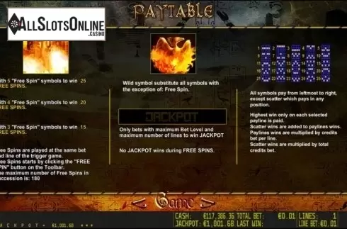 Paytable 2. Return of the Phoenix HD from World Match