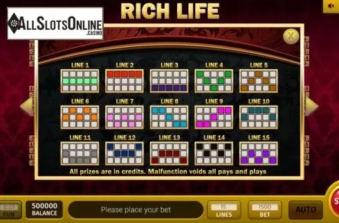 Paylines screen. Rich Life 3x3 from InBet Games