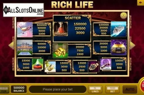 Paytable screen. Rich Life 3x3 from InBet Games