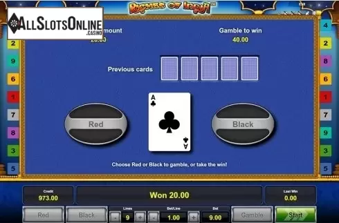 Gamble win screen. Riches of India from Novomatic