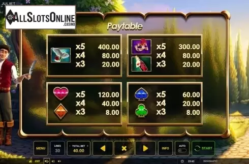 Paytable 1. Romeo and Juliet – Sealed with a Kiss from Greentube