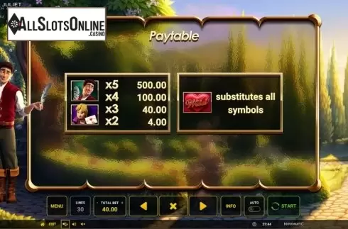 Paytable 2. Romeo and Juliet – Sealed with a Kiss from Greentube
