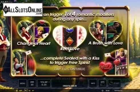 Start Screen. Romeo and Juliet – Sealed with a Kiss from Greentube