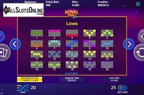 Paylines screen. Royal Jewels Deluxe from DLV