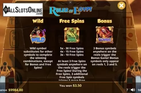 Features screen. Ruler of Egypt from Lady Luck Games