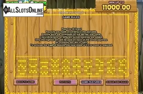 Paytable 2. Run Chicken Run from GamesOS