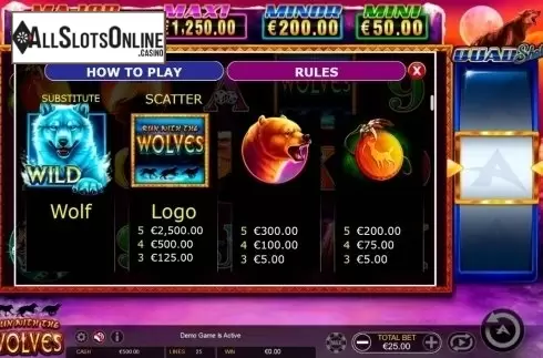 Paytable. Run with the Wolves Quad Shot from Ainsworth