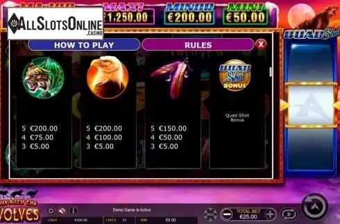 Paytable 2. Run with the Wolves Quad Shot from Ainsworth