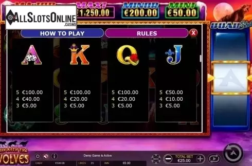 Paytable 3. Run with the Wolves Quad Shot from Ainsworth