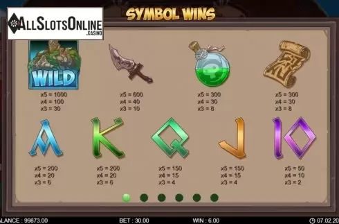 Paytable screen. Runewars from 7mojos