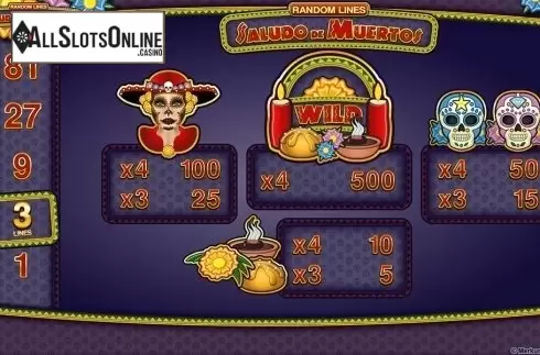 Paytable 1. Saludo de Muertos (Random Lines) HD from Merkur