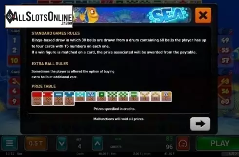 Paytable. Sea Bingo from MGA