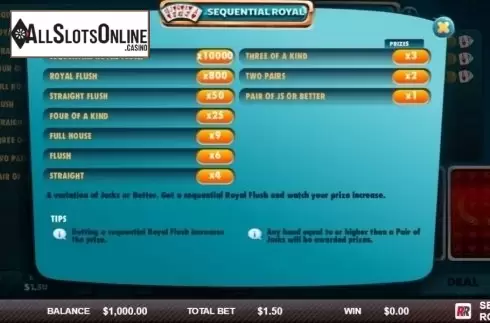 Paytable. Sequential Royal from Red Rake