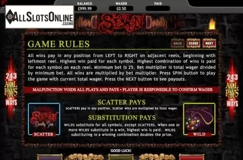 Paytable 1. Seven Deadly Sins from Genesis