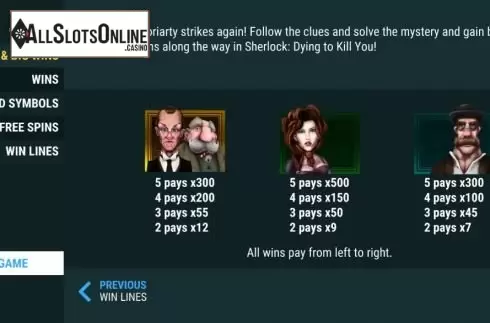 Paytable screen. Sherlock: Dying to Kill You from Slot Factory