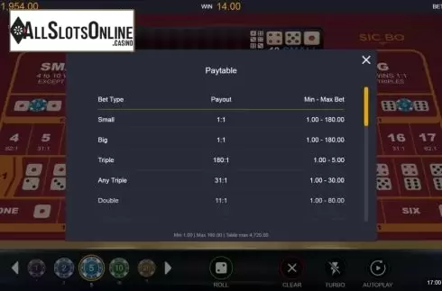 Paytable screen. Sic Bo (Switch Studios) from Switch Studios