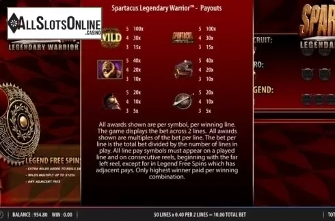Paytable 1. Spartacus Legendary Warrior from Red7