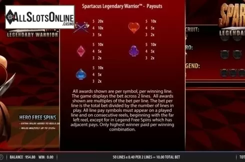 Paytable 2. Spartacus Legendary Warrior from Red7