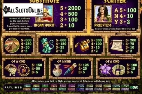 Paytable. Spirit of the Inca from RTG