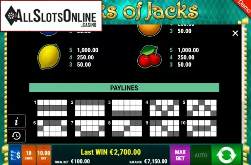 Paytable. Stacks of Jacks from Gamomat