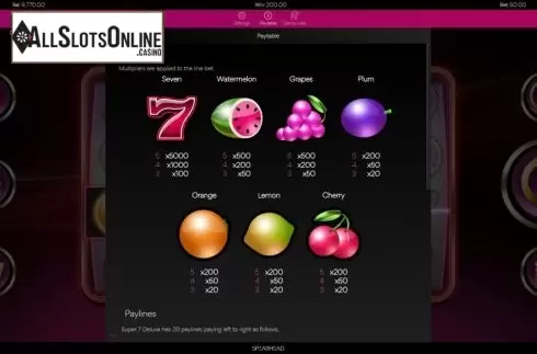 Paytable screen. Super 7 Deluxe from Spearhead Studios