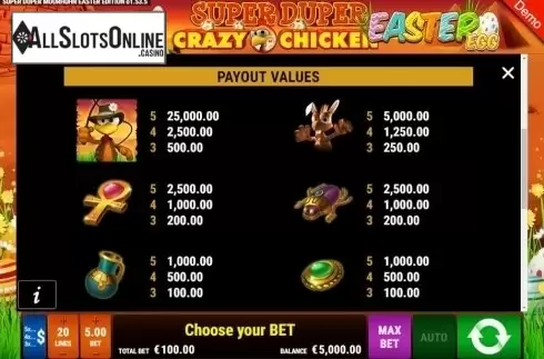Paytable. Super Duper Crazy Chicken Easter Egg from Gamomat