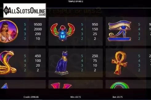 Paytable screen 1. Temple of Iris 2 from Eyecon